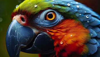 ai generado tropical guacamayo encaramado, vibrante plumas en enfocar. generativo ai foto