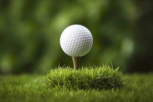 ai generado blanco golf pelota en de madera tee con césped. generativo ai foto