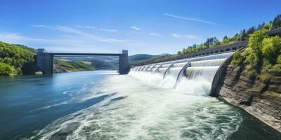 ai generado hidroeléctrico represa generando verde energía desde fluido agua. ai generado. foto