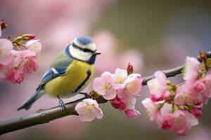 ai generado un bluetit pájaro descansando en el rama de un árbol. ai generado. foto