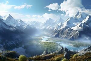 AI generated The beauty of a majestic and snow capped mountain range, with rugged peaks, AI Generative photo