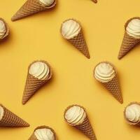 AI generated Ice Cream pattern on yellow background, top view. AI Generated photo