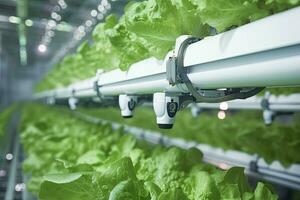 AI generated Automatic Agricultural Technology With Close-up View Of Robotic Arm Harvesting Lettuce In Vertical Hydroponic Plant. AI Generated photo