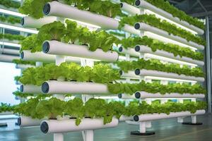 AI generated Vertical Hydroponic Plant System With Cultivated Lettuces. AI Generated photo