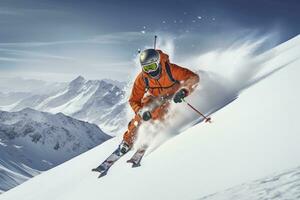 AI generated Skier Skiing On Mountain Slope. AI Generated photo