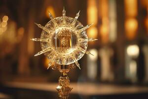 AI generated The golden monstrance with a little transparent crystal center, consecrated host. church defocused background. AI Generative photo