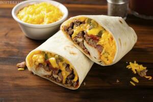 AI generated Breakfast burrito with sausage, eggs, hashbrown and cheese. AI Generated photo