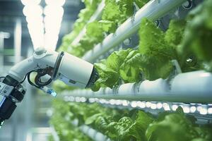 AI generated Automatic Agricultural Technology With Close-up View Of Robotic Arm Harvesting Lettuce In Vertical Hydroponic Plant. AI Generated photo