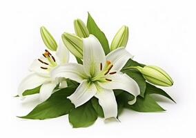 AI generated Beautiful fresh lily flower with green leaves, isolated on white background. AI Generated photo