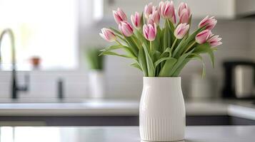 AI generated A white vase full of pink flowers is sitting on counter. AI Generated photo