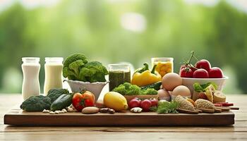 AI generated Closeup of vegetables, fruits, and meat on wooden table over green natural background. Generative AI photo