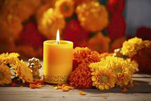 AI generated Candles and marigold flowers. Day of the dead concept dia de los muertos. AI Generated photo