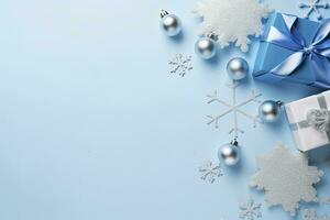 AI generated Christmas Eve concept. Top view photo of blue and silver baubles snowflake ornaments stylish present boxes and confetti. AI Generated