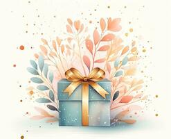 AI Generated Gift box watercolor illustration in blue color photo