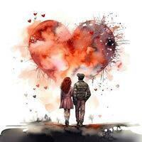 AI Generated Watercolor illustration of a couple in love on a background of a heart photo