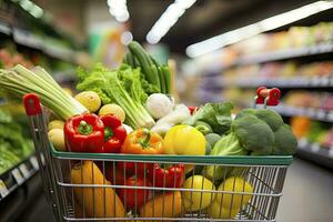 AI generated Close up of full shopping cart in grocery store. AI Generated photo