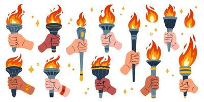 Olympic torch set. Vector isolated burning torches flames in hands. Symbols of relay race, competition victory, champion or winner. Vector illustration