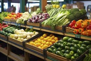 ai generado frutas y vegetales a ciudad mercado. ai generado foto