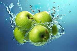 AI generated Fresh green apples fall into the water with a splash on blue background. photo