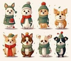 conjunto de linda perros invierno ilustración en dibujos animados estilo foto