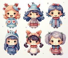 AI Generated Set of cute girl winter illustration in cartoon style photo