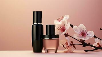 ai generado sakura flores floración señoras perfumes ai generado botella Bosquejo foto