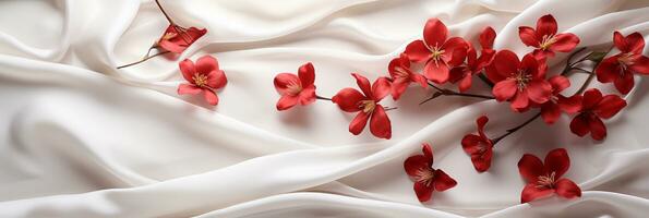 AI generated Close up red flowers and silk on white panoramic fabric background. Flat lay top view composition with copy space for banner photo