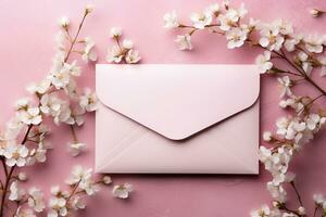 AI generated Flat lay composition with hand-made paper envelope in pastel pink filled with delicate spring flowers, copy space for banner card photo