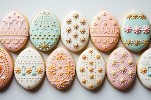 AI generated Egg-shaped cookies are covered with multi-colored glaze with a pattern on white background. Mockup for congratulations, flat lay photo