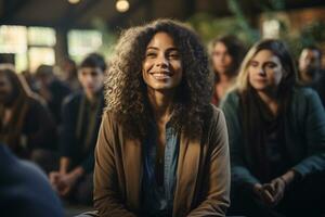 AI generated Happy smiling girl with curly hair and tanned skin meditate in a cozy circle of like-minded people, radiating warmth and support during a mindfulness retreat photo