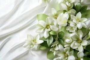 ai generado cerca arriba verde flores y seda en blanco antecedentes. plano laico parte superior ver composición con Copiar espacio para bandera tarjeta, Boda foto