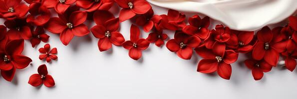 AI generated Red flowers and silk on white background. Flat lay top view composition with copy space for banner, card, wedding invitation photo