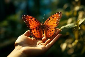 ai generado suave manos cuna un delicado mariposa, exhibiendo el fragilidad, confiar y belleza de el presente momento foto