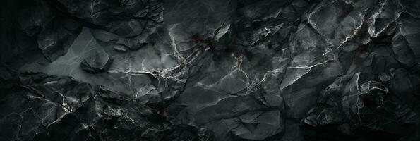 AI generated Black stone texture with cracks. Panoramic abstract natural volumetric dark gray rock background with copy space. Grunge surface photo