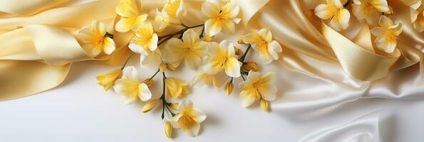 AI generated Yellow flowers and silk ribbons on white panoramic background. Flat lay top view composition with copy space for banner, card photo