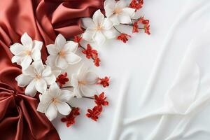 AI generated Close up white flowers and red silk on white panoramic fabric background. Flat lay top view composition with copy space for banner photo