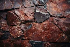 ai generado marrón mármol Roca textura con grietas resumen natural granito oscuro rojo rock antecedentes con Copiar espacio. grunge moderno superficie para bandera diseño ai generado foto