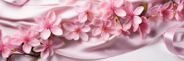 AI generated Pink flowers and silk on white panoramic background. Flat lay top view composition with copy space for banner, card, wedding photo