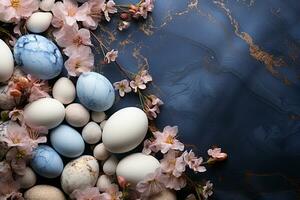 AI generated Easter banner with painted eggs and flowers on dark marble background. Mockup Happy Easter concept with copy space, flat lay photo