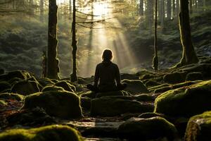 AI generated Man sits cross-legged on moss-covered rock surrounded by tall trees, practices meditation as morning sun filters through foliage photo