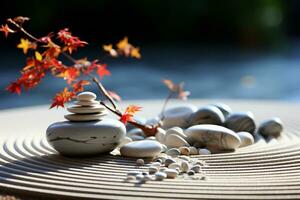 ai generado intrincado detalles de zen jardín, cuidadosamente metido piedras y arena, armonía y sencillez todavía vida con piedras y línea foto