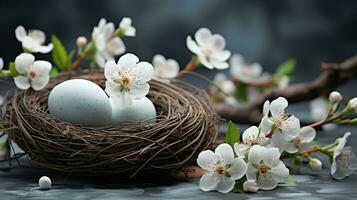 AI generated Colored eggs with flowers in nest on gray dark background. Happy Easter holiday concept, Flat lay photo