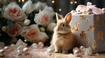 AI generated Easter composition with bunny, flowers, gift box. Blurred background, White and gold colors. Holiday concept congratulation card photo