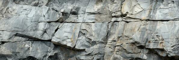 AI generated White grunge rock wide panoramic texture of the stone wall. Abstract background with cracks. Natural gray surface with copy space for modern banner design AI generated photo