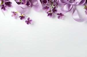 AI generated Close up purple flowers and silk on white background. Flat lay top view composition with copy space for banner, card, wedding photo