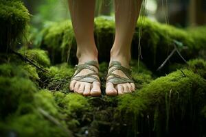 AI generated A close-up of a person's bare feet standing on a patch of soft moss, connecting to the ground and embracing the present photo