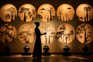 ai generado silueta de hombre practicando Tai chi oscuridad jugar en paredes en chino estilo interior habitación es iluminado por suave ligero foto