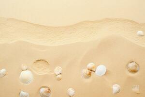 AI generated Sandy beach texture with seashells and footprints. Texture, background, pattern photo