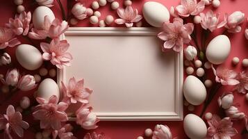 AI generated Empty white frame decorated with eggs, flowers and candies. Pink background banner mockup for congratulations on Easter photo