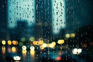 AI generated Raindrops on a windowpane with blurred city lights. Texture, background, pattern photo